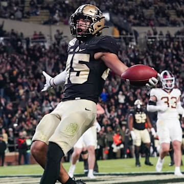 Purdue Boilermakers running back Devin Mockobee (45) celebrates after scoring a touchdown 