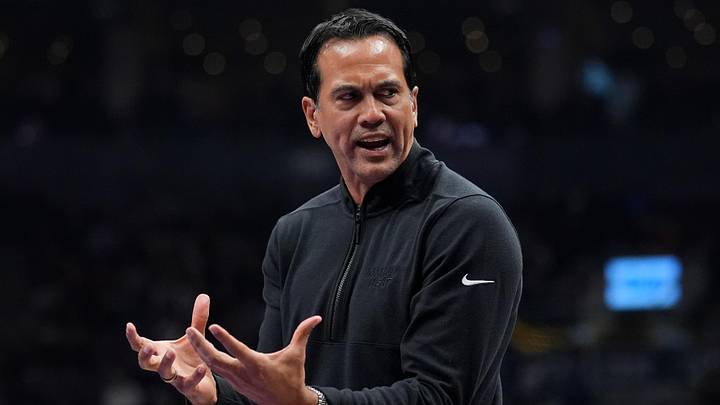 Apr 9, 2026; Toronto, Ontario, CAN; Miami Heat head coach Erik Spoelstra instructs his team during the first half against the Toronto Raptors at Scotiabank Arena. Mandatory Credit: John E. Sokolowski-Imagn Images