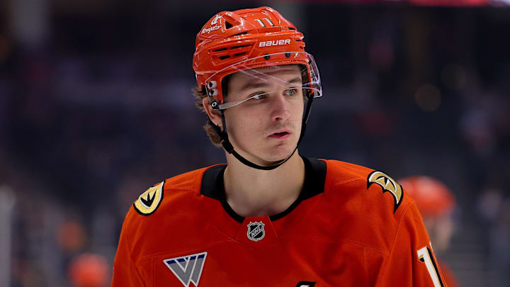Mar 14, 2025; Anaheim, California, USA; Anaheim Ducks center Trevor Zegras (11) skates against the Nashville Predators during the third period at Honda Center.