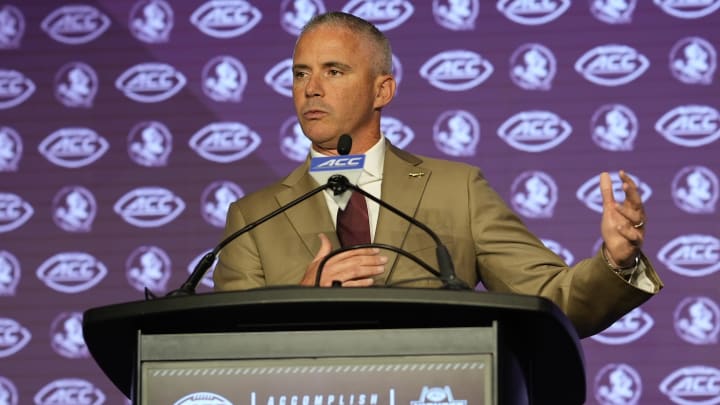 Jul 22, 2024; Charlotte, NC, USA; Florida State head coach Mike Norvell speaks to the media during ACC Kickoff at Hilton Charlotte Uptown. Mandatory Credit: Jim Dedmon-USA TODAY Sports