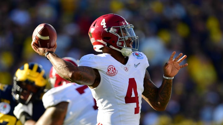 Jan 1, 2024; Pasadena, CA, USA; Alabama Crimson Tide quarterback Jalen Milroe (4) throws a pass in the second quarter against the Michigan Wolverines in the 2024 Rose Bowl college football playoff semifinal game at Rose Bowl. Mandatory Credit: Gary A. Vasquez-USA TODAY Sports