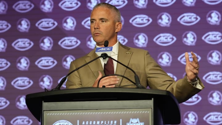 Jul 22, 2024; Charlotte, NC, USA; Florida State head coach Mike Norvell speaks to the media during ACC Kickoff at Hilton Charlotte Uptown. Mandatory Credit: Jim Dedmon-USA TODAY Sports