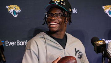 Apr 25, 2025; Jacksonville, FL, USA; Jacksonville Jaguars first round draft pick Travis Hunter talks to the media during a press conference at Miller Electric Center. Mandatory Credit: Travis Register-Imagn Images
