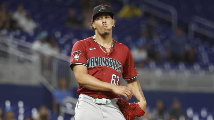 Aug 21, 2024; Miami, Florida, USA;  Arizona Diamondbacks relief pitcher Justin Martinez reacts after defeating the Miami Marlins at loanDepot Park. Mandatory Credit: Rhona Wise-USA TODAY Sports