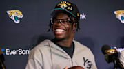 Apr 25, 2025; Jacksonville, FL, USA; Jacksonville Jaguars first round draft pick Travis Hunter talks to the media during a press conference at Miller Electric Center. Mandatory Credit: Travis Register-Imagn Images