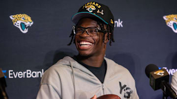 Apr 25, 2025; Jacksonville, FL, USA; Jacksonville Jaguars first round draft pick Travis Hunter talks to the media during a press conference at Miller Electric Center. Mandatory Credit: Travis Register-Imagn Images