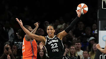 Las Vegas Aces center A'ja Wilson reacts to scoring a basket.