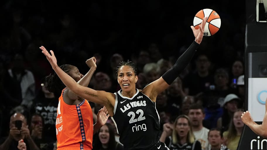 Las Vegas Aces center A'ja Wilson reacts to scoring a basket. | Lucas Peltier-Imagn Images