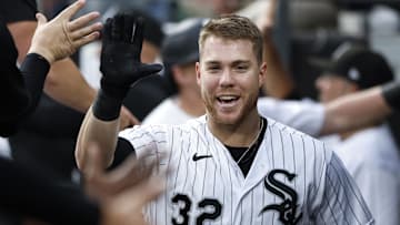 Sep 16, 2023; Chicago, Illinois, USA; Chicago White Sox right fielder Gavin Sheets (32) celebrates with teammates after hitting a three-run home run against the Minnesota Twins during the first inning at Guaranteed Rate Field. Mandatory Credit: Kamil Krzaczynski-Imagn Images