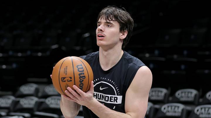 Mar 18, 2026; Brooklyn, New York, USA; Oklahoma City Thunder forward Brooks Barnhizer (23) warms up before a game against the Brooklyn Nets at Barclays Center. Mandatory Credit: Brad Penner-Imagn Images