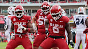 Arkansas Razorbacks running back Mike Washington Jr (4) celebrates with offensive lineman Fernando Carmona (55) and running back Braylen Russell (0) after scoring a touchdown during the second quarter against the Auburn Tigers at Donald W. Reynolds Razorback Stadium. 