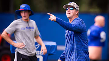 Co-Offensive Coordinator / Tight Ends Coach Russ Callaway, coaches during Fall practice at Sanders Practice Fields in Gainesville, FL on Tuesday, August 13, 2024. [Doug Engle/Gainesville Sun]