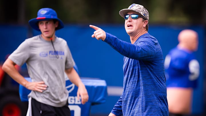 Co-Offensive Coordinator / Tight Ends Coach Russ Callaway, coaches during Fall practice at Sanders Practice Fields in Gainesville, FL on Tuesday, August 13, 2024. [Doug Engle/Gainesville Sun]