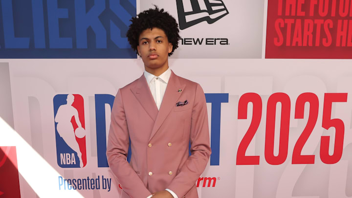 Jun 25, 2025; Brooklyn, NY, USA; Joan Beringer arrives before the first round of the 2025 NBA Draft at Barclays Center. Mandatory Credit: Brad Penner-Imagn Images