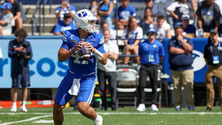 Sep 12, 2026; Provo, Utah, USA;  BYU Cougars quarterback Bear Bachmeier (47) drops back to pass against the Arizona Wildcats during the second quarter at LaVell Edwards Stadium.  Mandatory Credit: Rob Gray-Imagn Images