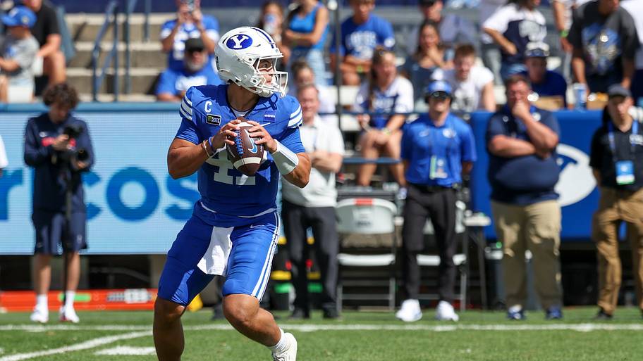 BYU Cougars quarterback Bear Bachmeier drops back to pass against the Arizona Wildcats.