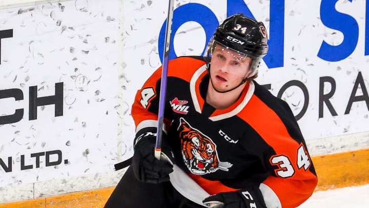Medicine Hat Tigers forward Andrew Basha (#34) v Winnipeg Ice