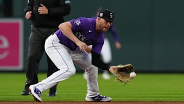 Sep 24, 2021; Denver, Colorado, USA; Colorado Rockies shortstop Trevor Story (27) is a big-time free agent target for the LA Angels.