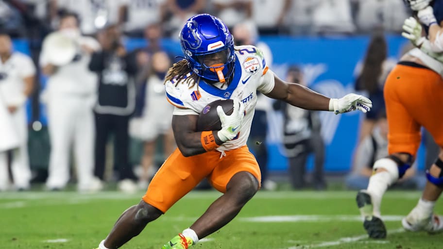 Dec 31, 2024; Glendale, AZ, USA; Boise State Broncos running back Ashton Jeanty (2) against the Penn State Nittany Lions during the Fiesta Bowl at State Farm Stadium. Mandatory Credit: Mark J. Rebilas-Imagn Images | Mark J. Rebilas-Imagn Images