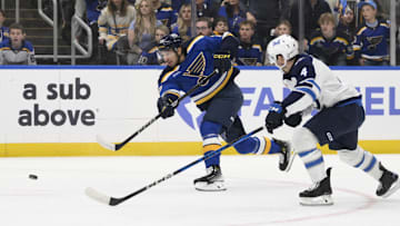 Apr 27, 2025; St. Louis, Missouri, USA; St. Louis Blues right wing Jordan Kyrou (25) shoots against Winnipeg Jets defenseman Neal Pionk (4) during the second period in game four of the first round of the 2025 Stanley Cup Playoffs at Enterprise Center. Mandatory Credit: Jeff Le-Imagn Images