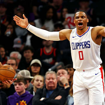 Jan 3, 2024; Phoenix, Arizona, USA; LA Clippers guard Russell Westbrook (0) reacts to a call during the second quarter against the Phoenix Suns at Footprint Center. Mandatory Credit: Mark J. Rebilas-Imagn Images