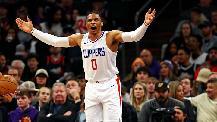 Jan 3, 2024; Phoenix, Arizona, USA; LA Clippers guard Russell Westbrook (0) reacts to a call during the second quarter against the Phoenix Suns at Footprint Center. Mandatory Credit: Mark J. Rebilas-Imagn Images