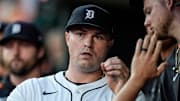 Detroit Tigers pitcher Tarik Skubal high-fives teammates in the dugout after a pitching change during the seventh inning at Comerica Park in Detroit on Wednesday, May 14, 2025.