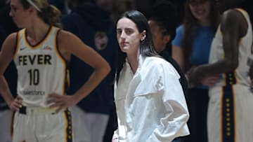 Aug 31, 2025; San Francisco, California, USA; Indiana Fever guard Caitlin Clark (center) before the game against the Golden State Valkyries at Chase Center. Mandatory Credit: Darren Yamashita-Imagn Images