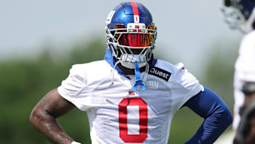 Jul 23, 2025; East Rutherford, NJ, USA; New York Giants linebacker Brian Burns (0) looks on during training camp at Quest Diagnostics Training Center. Mandatory Credit: Vincent Carchietta-Imagn Images