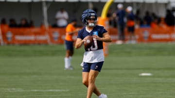 Jul 26, 2024; Englewood, CO, USA; Denver Broncos quarterback Bo Nix (10) during training camp at Broncos Park Powered by CommonSpirit. Mandatory Credit: Isaiah J. Downing-USA TODAY Sports