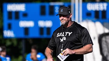 Detroit Lions head coach Dan Campbell watches practice during training camp at Meijer Performance Center in Allen Park on Tuesday, July 22, 2025.