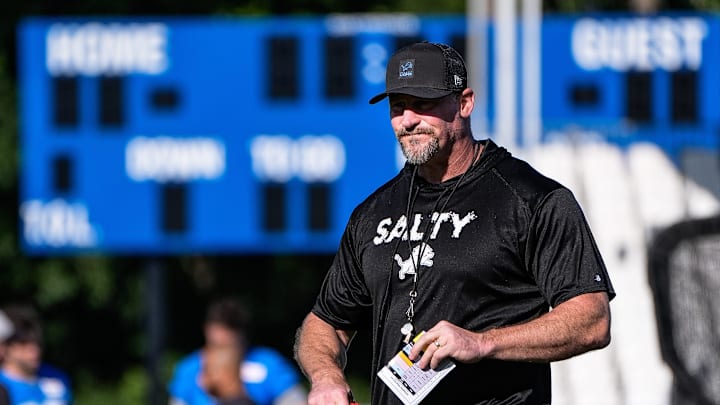 Detroit Lions head coach Dan Campbell watches practice during training camp at Meijer Performance Center in Allen Park on Tuesday, July 22, 2025.