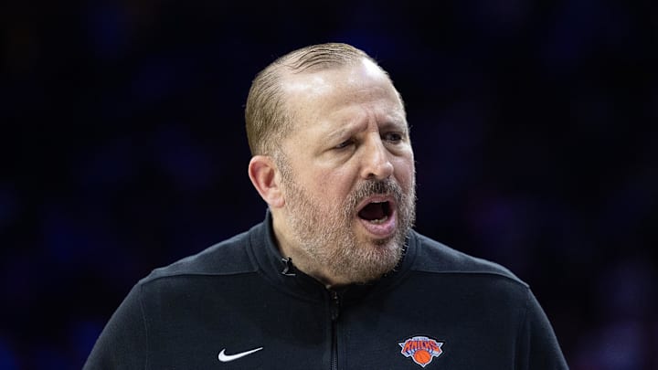 May 2, 2024; Philadelphia, Pennsylvania, USA; New York Knicks head coach Tom Thibodeau against the Philadelphia 76ers in game six of the first round for the 2024 NBA playoffs at Wells Fargo Center. Mandatory Credit: Bill Streicher-Imagn Images