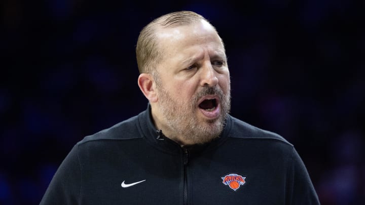 May 2, 2024; Philadelphia, Pennsylvania, USA; New York Knicks head coach Tom Thibodeau against the Philadelphia 76ers in game six of the first round for the 2024 NBA playoffs at Wells Fargo Center. Mandatory Credit: Bill Streicher-USA TODAY Sports