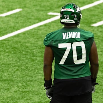 May 9, 2025; Florham Park, NJ, USA; New York Jets rookie offensive tackle Armand Membou (70) participates in a drill during the minicamp at Atlantic Health Jets Training Center. Mandatory Credit: Thomas Salus-Imagn Images