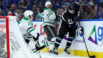 Nov 23, 2024; Tampa, Florida, USA; Tampa Bay Lightning defenseman Erik Cernak (81) controls the puck against the Dallas Stars in the second period at Amalie Arena. Mandatory Credit: Nathan Ray Seebeck-Imagn Images
