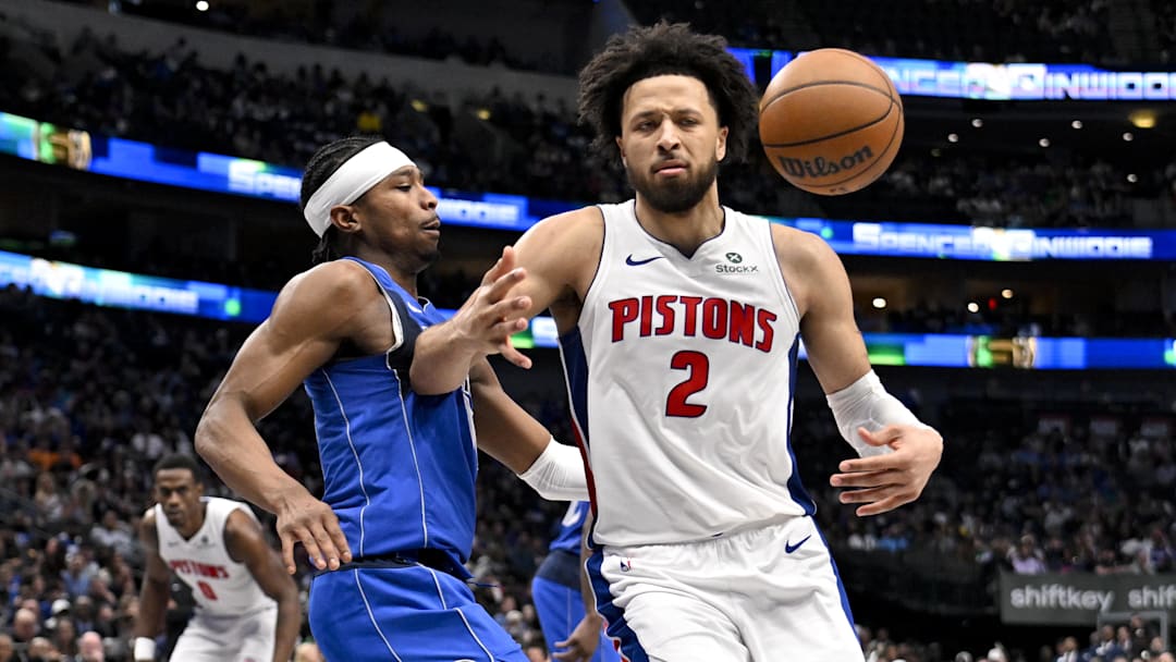 Mar 21, 2025; Dallas, Texas, USA; Dallas Mavericks guard Brandon Williams (10) knocks the ball away from Detroit Pistons guard Cade Cunningham (2) during the second half at the American Airlines Center. Mandatory Credit: Jerome Miron-Imagn Images Mar 21, 2025; Dallas, Texas, USA; Dallas Mavericks guard Brandon Williams (10) knocks the ball away from Detroit Pistons guard Cade Cunningham (2) during the second half at the American Airlines Center. Mandatory Credit: Jerome Miron-Imagn Images