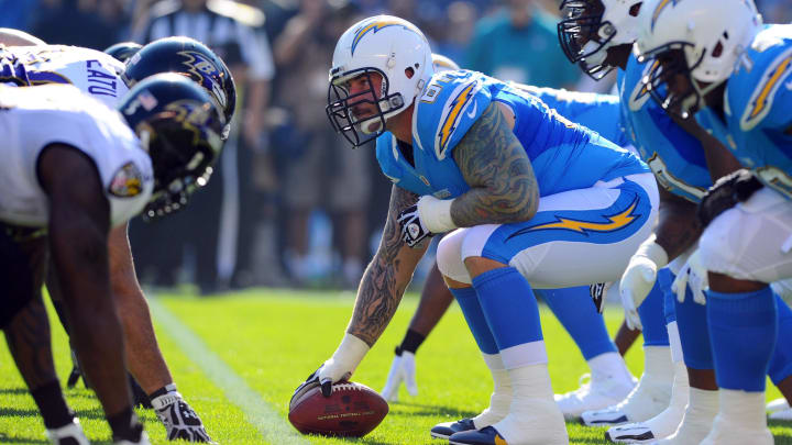 November 25, 2012; San Diego, CA, USA; San Diego Chargers center Nick Hardwick (61) waits to snap the ball during the first quarter against the Baltimore Ravens at Qualcomm Stadium.  Mandatory Credit: Christopher Hanewinckel-USA TODAY Sports