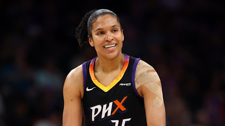 Aug 10, 2025; Phoenix, Arizona, USA; Phoenix Mercury forward Alyssa Thomas (25) against the Atlanta Dream at PHX Arena. Mandatory Credit: Mark J. Rebilas-Imagn Images
