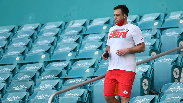 Dec 13, 2020; Miami Gardens, Florida, USA; Kansas City Chiefs general manager Brett Veach works out prior to the game against the Miami Dolphins at Hard Rock Stadium. Mandatory Credit: Jasen Vinlove-Imagn Images