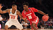 Mar 24, 2017; New York, NY, USA; Wisconsin Badgers forward Nigel Hayes (10) drives to the basket against Florida Gators forward Justin Leon (23) during the second half in the semifinals of the East Regional of the 2017 NCAA Tournament at Madison Square Garden. Mandatory Credit: Robert Deutsch-USA TODAY Sports