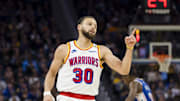 Jan 2, 2025; San Francisco, California, USA; Golden State Warriors guard Stephen Curry (30) reacts after making a three-point shot against the Philadelphia 76ers during the third quarter at Chase Center. Mandatory Credit: John Hefti-Imagn Images