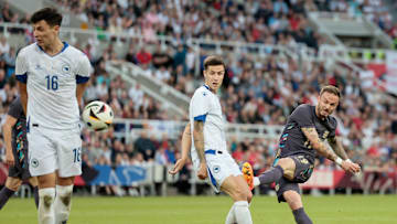 James Maddison getting a shot off during his most recent England appearance in June 