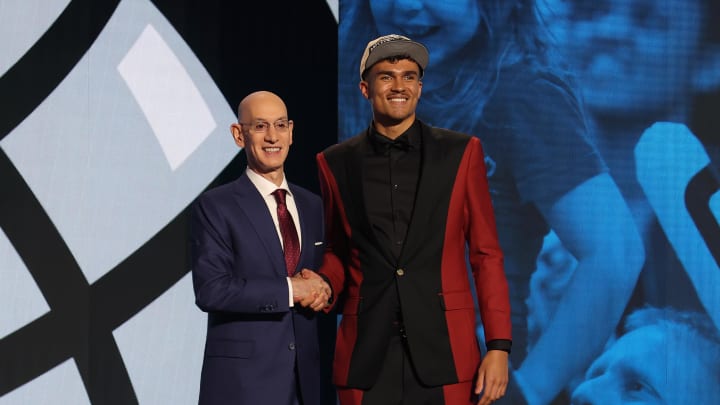 Jun 26, 2024; Brooklyn, NY, USA; Tristan da Silva poses for photos with NBA commissioner Adam Silver after being selected in the first round by the Orlando Magic in the 2024 NBA Draft at Barclays Center. Mandatory Credit: Brad Penner-USA TODAY Sports