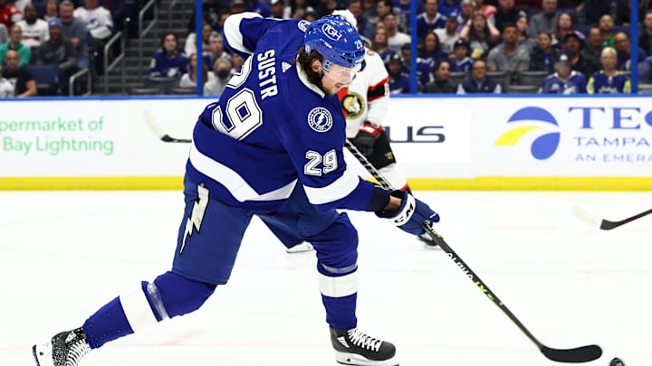 Mar 1, 2022; Tampa, Florida, USA; Tampa Bay Lightning defenseman Andrej Sustr (29) passes the puck against the Ottawa Senators during the first period at Amalie Arena. Mandatory Credit: Kim Klement-Imagn Images