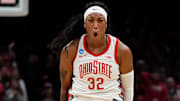 Ohio State Buckeyes forward Cotie McMahon (32) yells during the second round of the women's NCAA Tournament against the Tennessee Lady Vols at Value City Arena in Columbus on March 23, 2025.