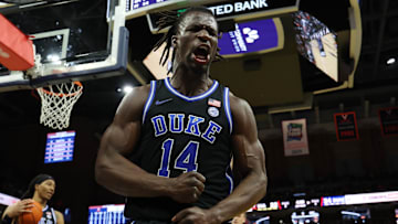 Feb 17, 2025; Charlottesville, Virginia, USA; Duke Blue Devils guard Sion James (14) reacts after scoring while being fouled against the Virginia Cavaliers in the first half at John Paul Jones Arena. Mandatory Credit: Geoff Burke-Imagn Images