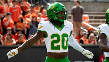 Oregon running back Jordan James works out during warm ups as the Oregon State Beavers host the Oregon Ducks Saturday, Sept. 14, 2024 at Reser Stadium in Corvallis, Ore.