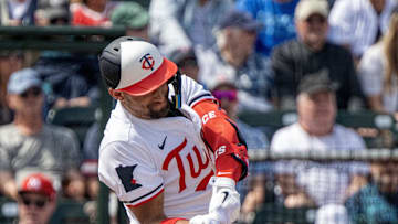 Feb 25, 2025; Fort Myers, Florida, USA; Minnesota Twins designated hitter Royce Lewis (23) bats against the New York Yankees in the first inning at Lee Health Sports Complex. Mandatory Credit: Chris Tilley-Imagn Images