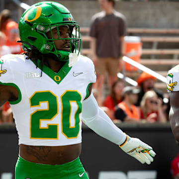 Oregon running back Jordan James works out during warm ups as the Oregon State Beavers host the Oregon Ducks Saturday, Sept. 14, 2024 at Reser Stadium in Corvallis, Ore.